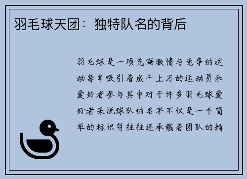 羽毛球天团：独特队名的背后
