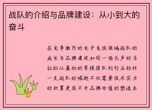 战队的介绍与品牌建设：从小到大的奋斗