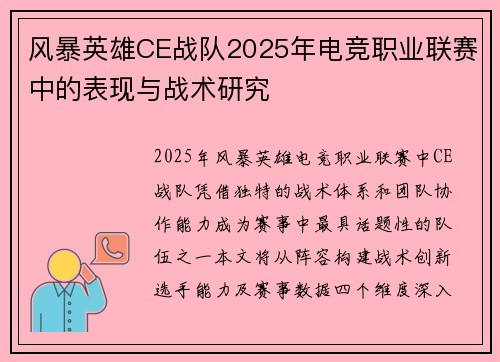 风暴英雄CE战队2025年电竞职业联赛中的表现与战术研究