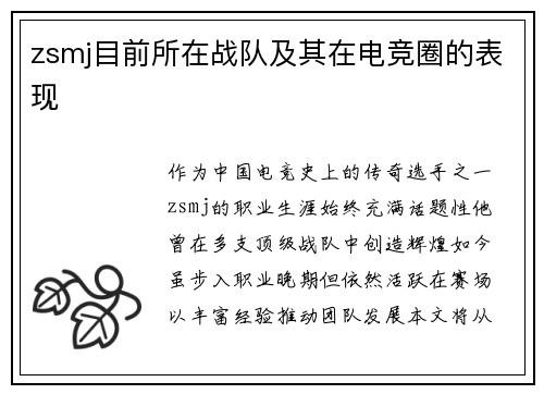 zsmj目前所在战队及其在电竞圈的表现