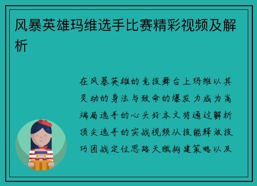 风暴英雄玛维选手比赛精彩视频及解析